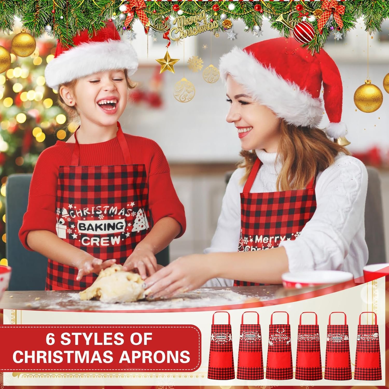 12 Pcs Christmas Aprons and Hats Sets Christmas Aprons with Pockets Adjustable Baking Aprons Include 6 Pcs Different Plaid Aprons and 6 Pcs Santa Hats for Women Men Waterproof Bib Aprons - Image 5