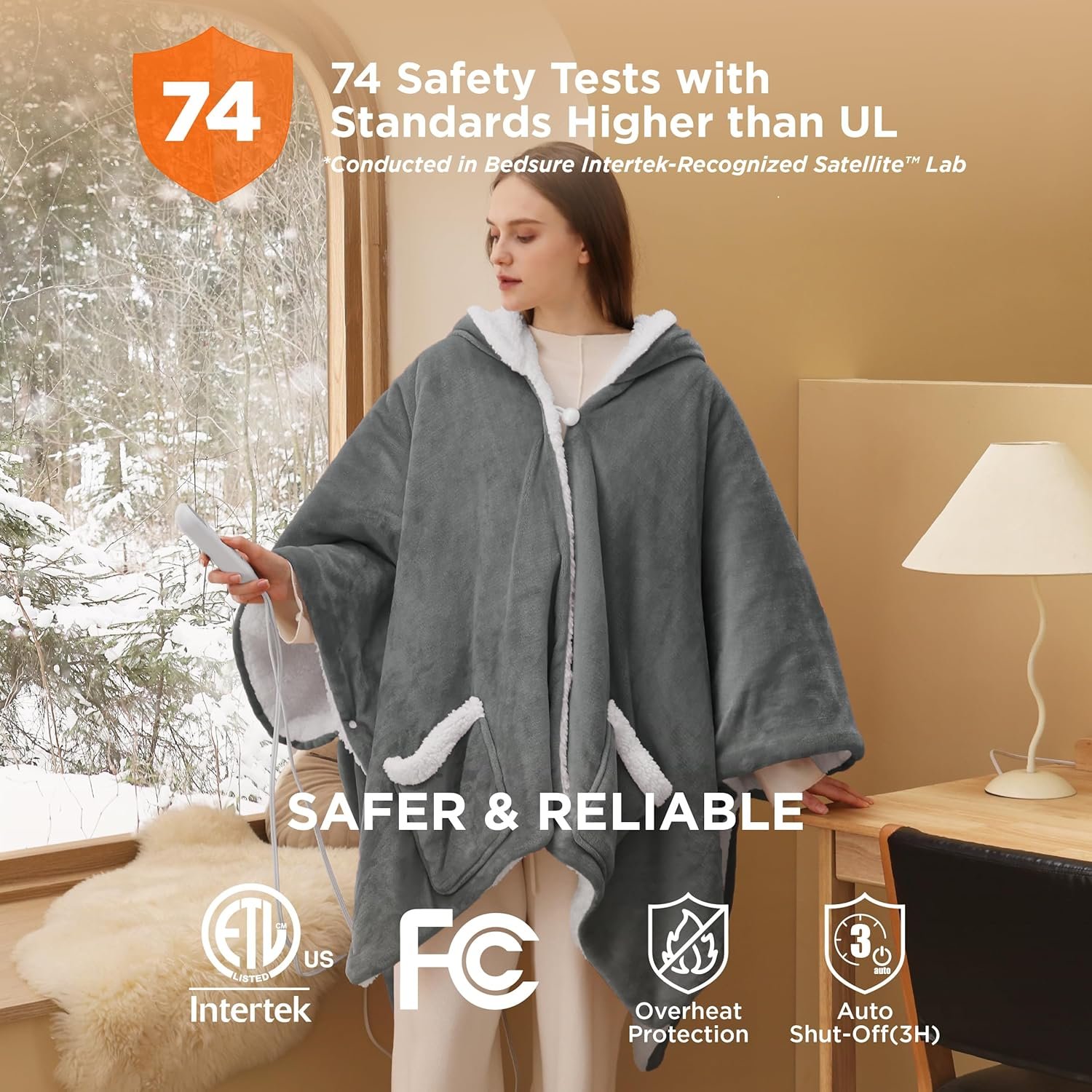Bedsure Heated Blanket Wearable Shawl - Electric Wrap Poncho Blanket Hoodie for Adult, Winter Gifts for Mom Women Girlfriend Grandma, Warm Sherpa Heating Throw, Auto Shut Off, 50x64 inches, Grey - Image 6