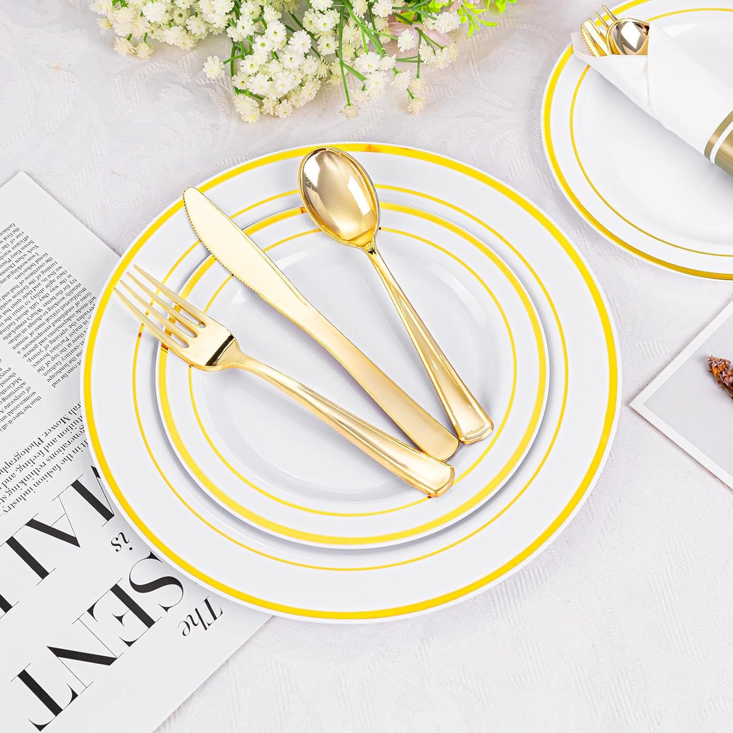 WELLIFE 350Pcs Gold Plastic Plates Set for 50 Guests - Disposable Plates for Party and Wedding,Party Supplies including Party Plates and Cups and Napkins Sets,White and Gold Plastic Plates - Image 6