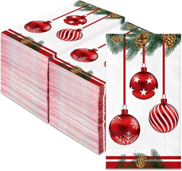 100 PCS Christmas Disposable Paper,3 Ply Decorative Guest Napkins,Xmas Balls for Party Lunch Dinner Kitchen Bathroom Table Decor - Image 2
