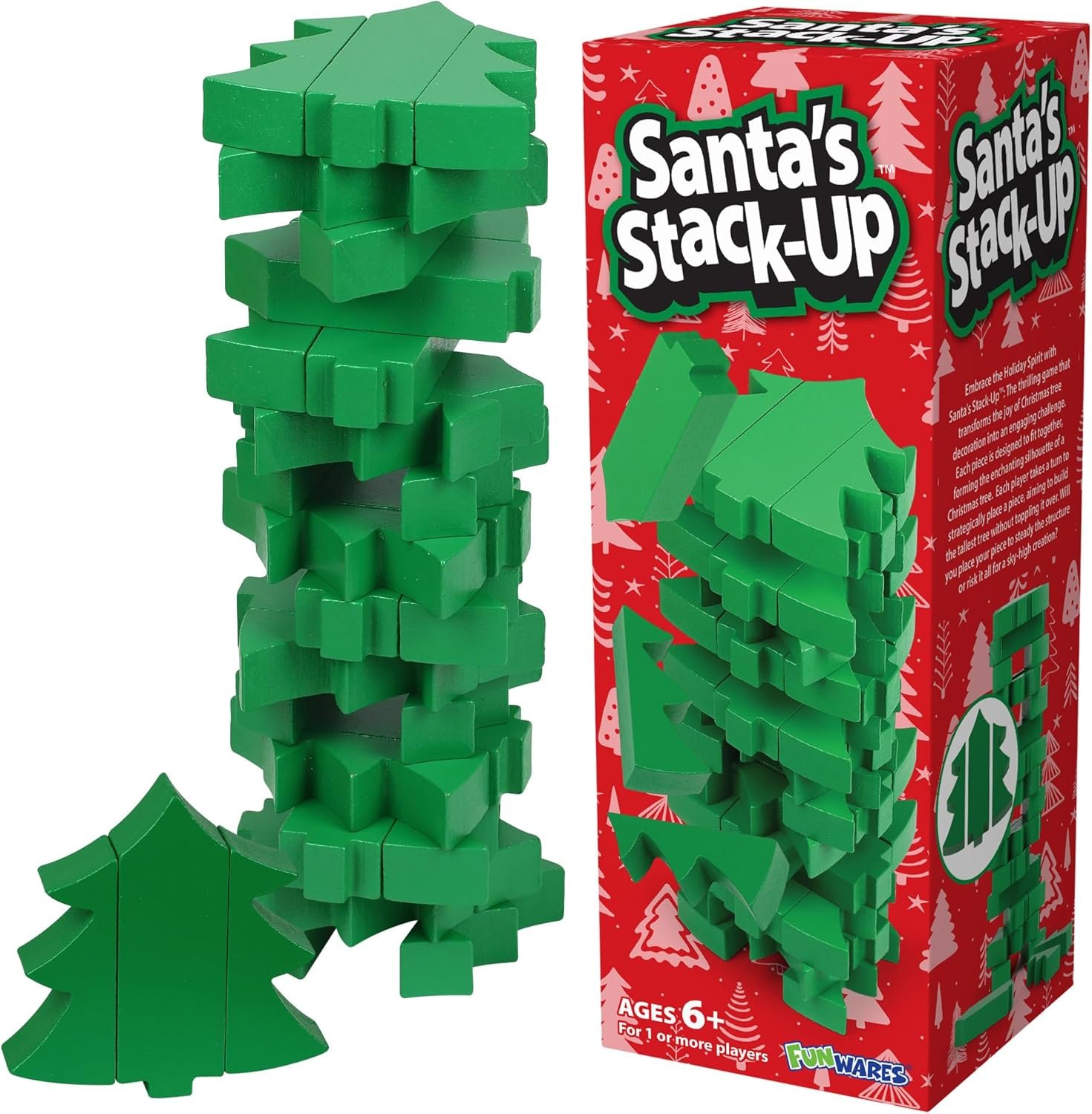Funwares Wooden Blocks Stacking Game, Tumbling Tower and Balance Game, Family & Party Fun, Game for Kids and Adults, Ages 6+, Santa’s Christmas Tree Stack-Up, Christmas Tree Wood Blocks Stacking Game - Image 2