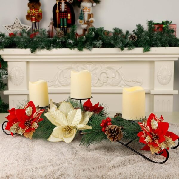 Joliyoou Christmas Tabletop Centerpieces, Metal Candle Holder with 3 Flameless Candles Lights, Poinsettia Adorned Candelabrum for Xmas Holiday Table Mantle Decoration, 17.5 x 9.8 x 4.7 Inch - Image 8