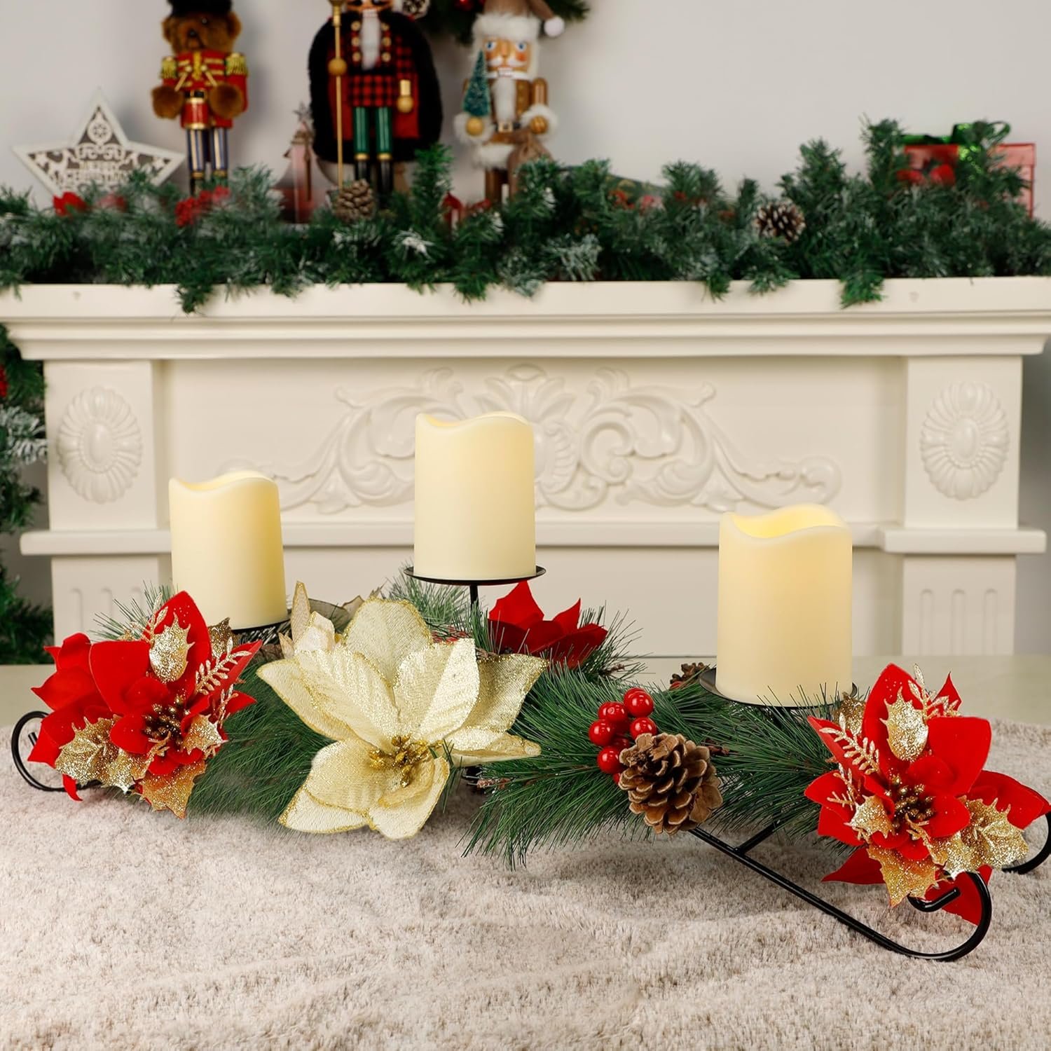 Joliyoou Christmas Tabletop Centerpieces, Metal Candle Holder with 3 Flameless Candles Lights, Poinsettia Adorned Candelabrum for Xmas Holiday Table Mantle Decoration, 17.5 x 9.8 x 4.7 Inch - Image 8