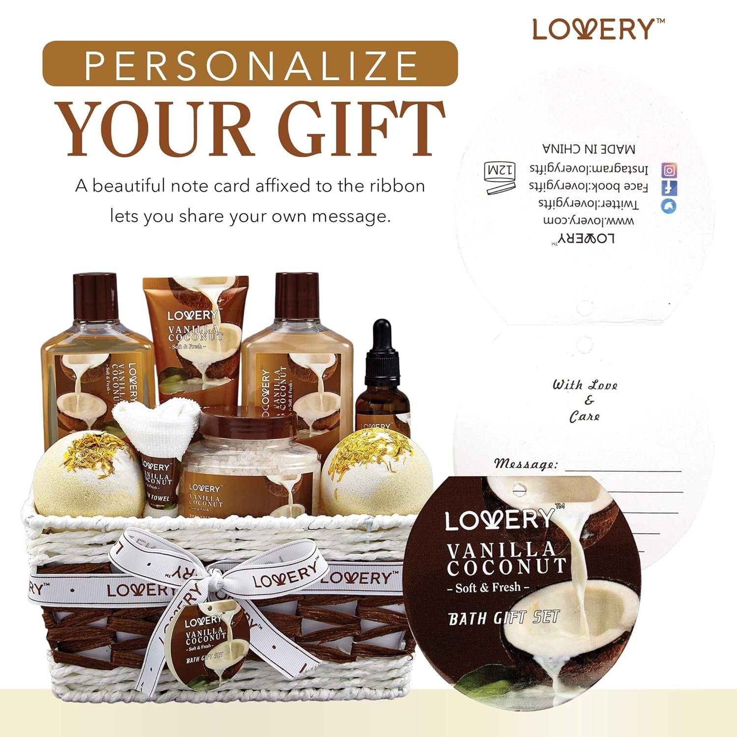 Bath and Body Gift Basket For Women and Men – 9 Piece Set of Vanilla Coconut Home Spa Set, Includes Fragrant Lotions, Extra Large Bath Bombs, Coconut Oil, Luxurious Bath Towel & More - Image 9