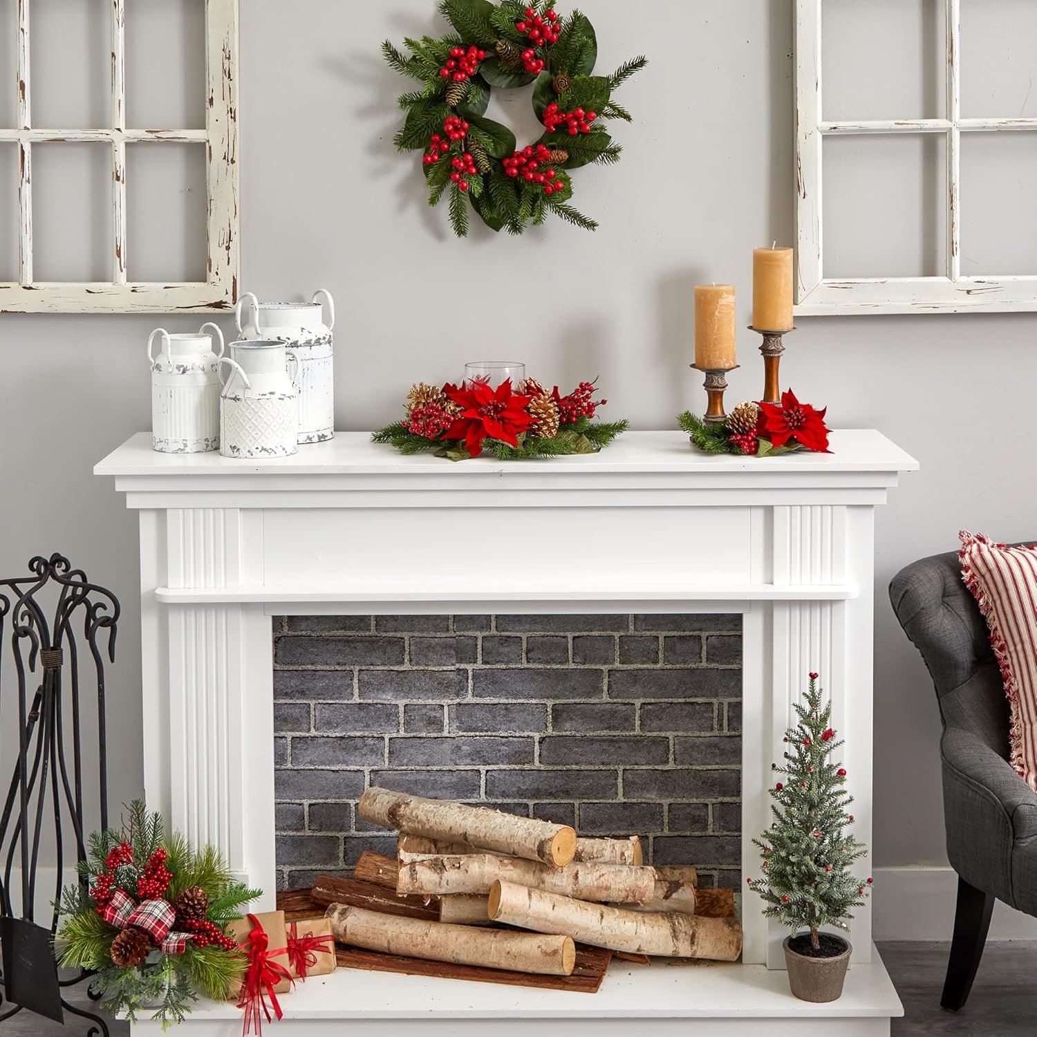 Nearly Natural Poinsettia, Berry and Golden Pine Cone Candelabrum Artificial Silk Arrangements Red 6"D x 14"W x 14"H - Image 5