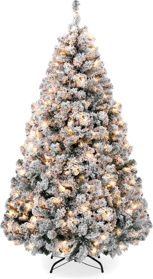 Best Choice Products Pre-Lit Artificial Christmas Tree, 6ft Snow Flocked Design Pine Tree, Full Appearance Snowy w/Easy Assembly, Metal Stand - Image 2