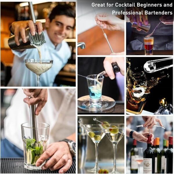 Cocktail Shaker Set Mixology Bartender Kit with Stand, 17 Piece Bar Tool Set: Martini Shaker, Jigger, Strainer, Mixer Spoon, Muddler, Liquor Pourers for Drink Mixing Bartending Kit(Silver) - Image 5