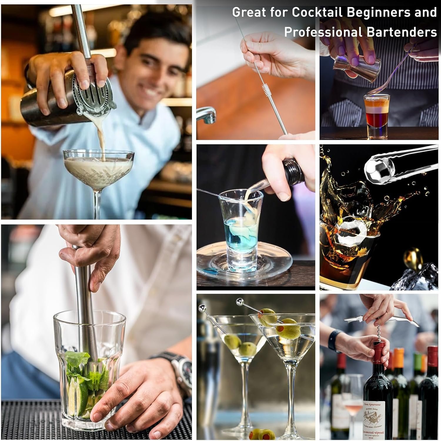 Cocktail Shaker Set Mixology Bartender Kit with Stand, 17 Piece Bar Tool Set: Martini Shaker, Jigger, Strainer, Mixer Spoon, Muddler, Liquor Pourers for Drink Mixing Bartending Kit(Silver) - Image 5