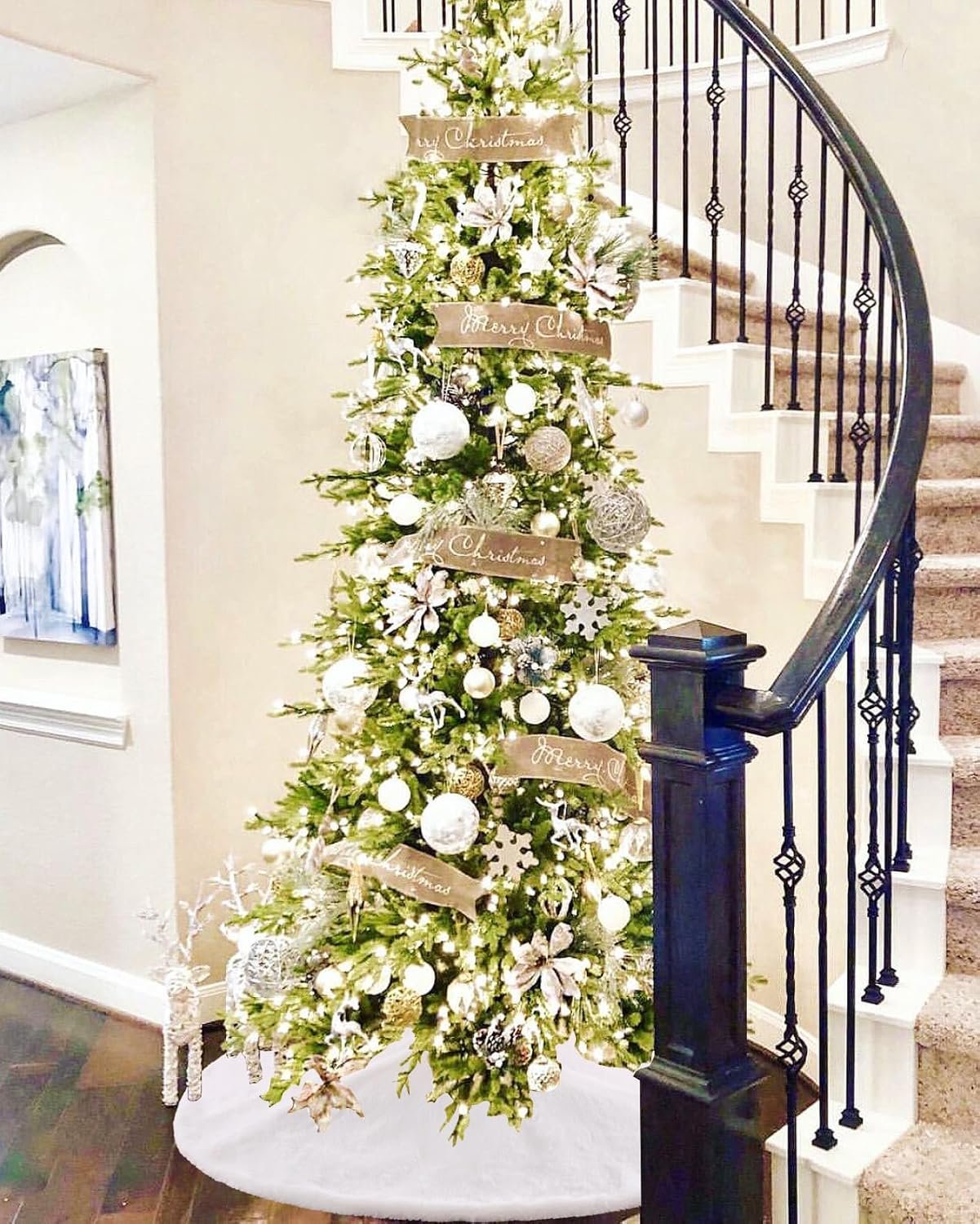 White Tree Skirt 48 Inch Large Faux Fur Tree Skirts Plush Holiday Christmas Tree Decorations for Xmas Ornaments Winter Indoor Party Decor - Image 3