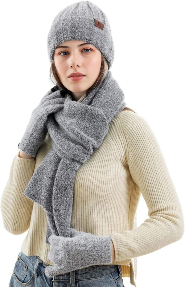 Womens Winter Warm Knit Beanie Hat Touchscreen Gloves Long Neck Scarf Set with Fleece Lined Skull Caps Gifts for Women - Image 8