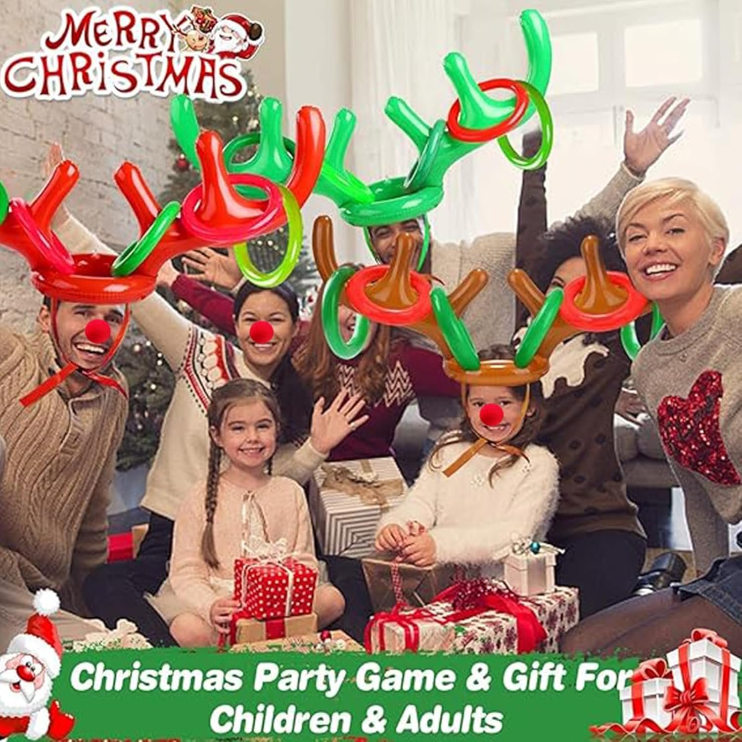 Total 18 Pcs 3 Set Inflatable Reindeer Antler Ring Toss Game Christmas Party Games Kids Family Xmas Toys Stock Stuffer Christmas Activities Carnival Supplies - 3 Antlers 12 Rings 3 Reindeer Nose - Image 6