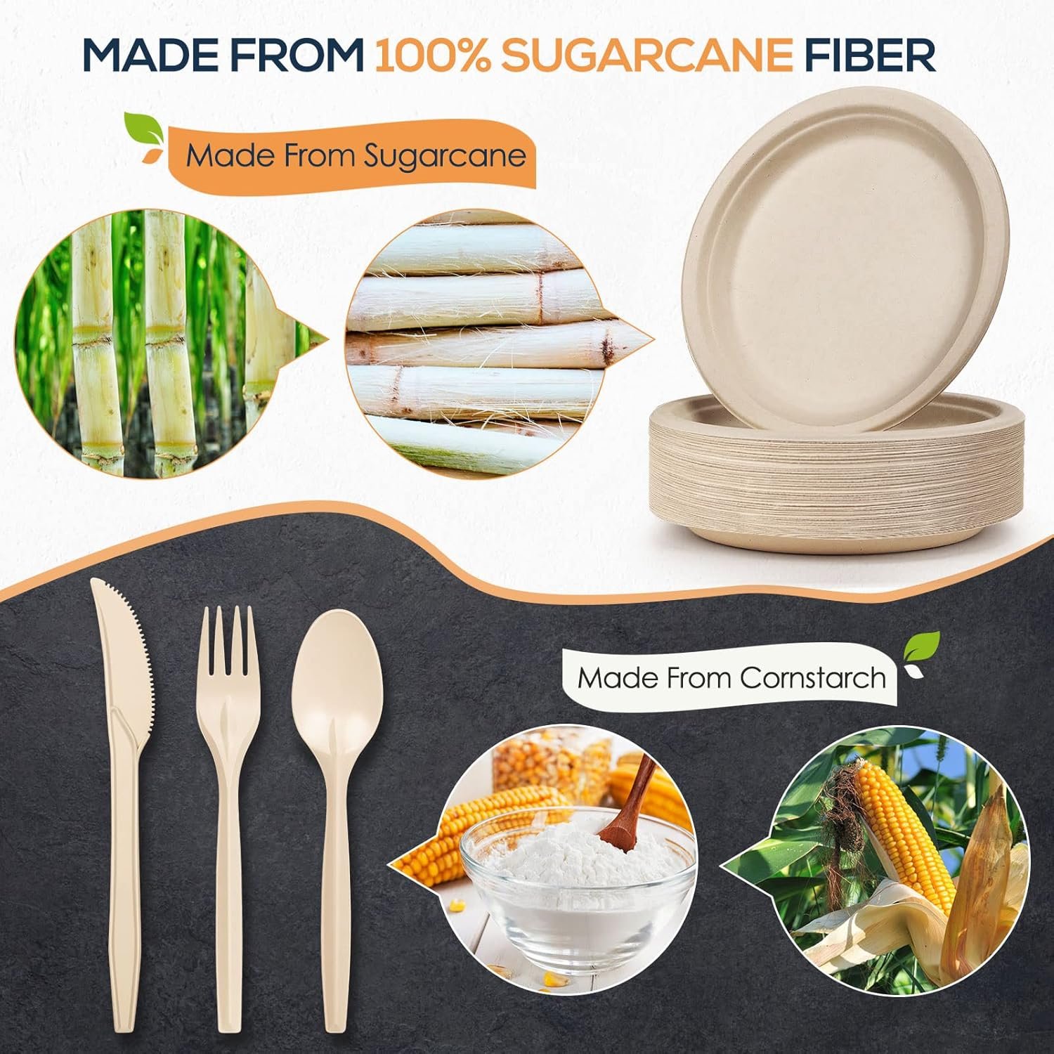 Gezond 250Pcs Disposable Paper Plates Set, Compostable Plate Sugarcane Utensils Eco Friendly Dinnerware Kit Includes 50 Biodegradable Plates, Forks, Knives and Spoons for Brithday Party Camping - Image 3