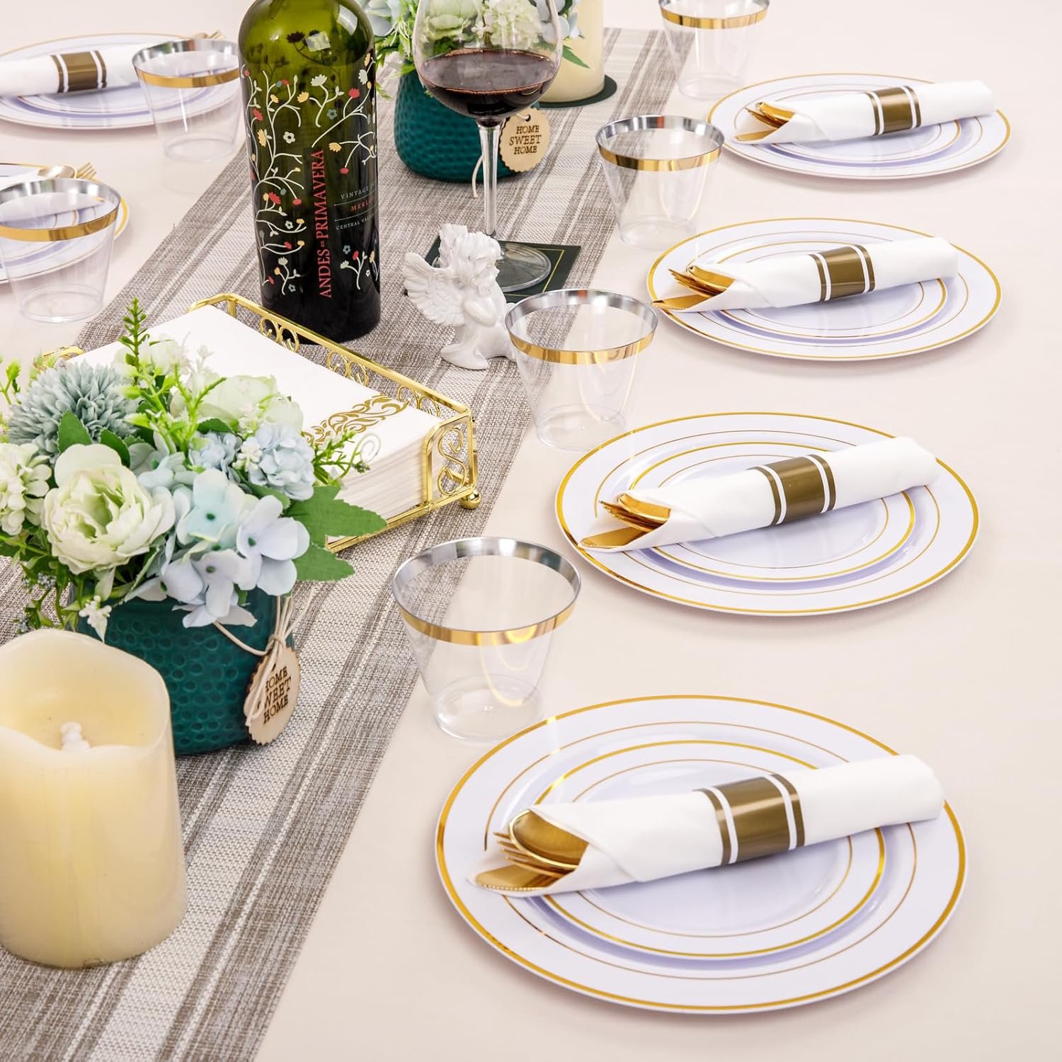 350Piece Thanksgiving Dinnerware Set for 50 Guests - Gold Plastic Plates with Disposable Cutlery Include:50Dinner Plates-50Dessert Plates-50Pre Rolled Napkins with Gold Silverware - Image 4