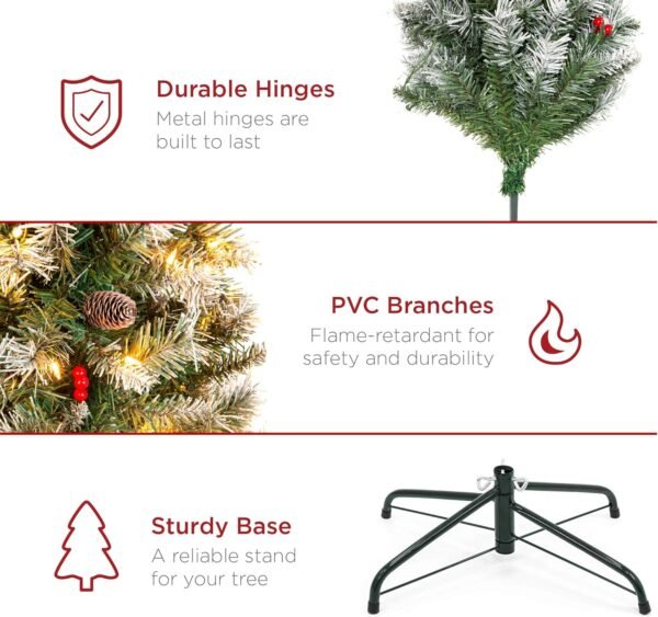 Best Choice Products Christmas Tree Pre-Lit, Pre-Decorated Artificial 6ft Frosted Pine Holiday Decoration w/Frosted Tips, Pine Cones, Berries - Image 7