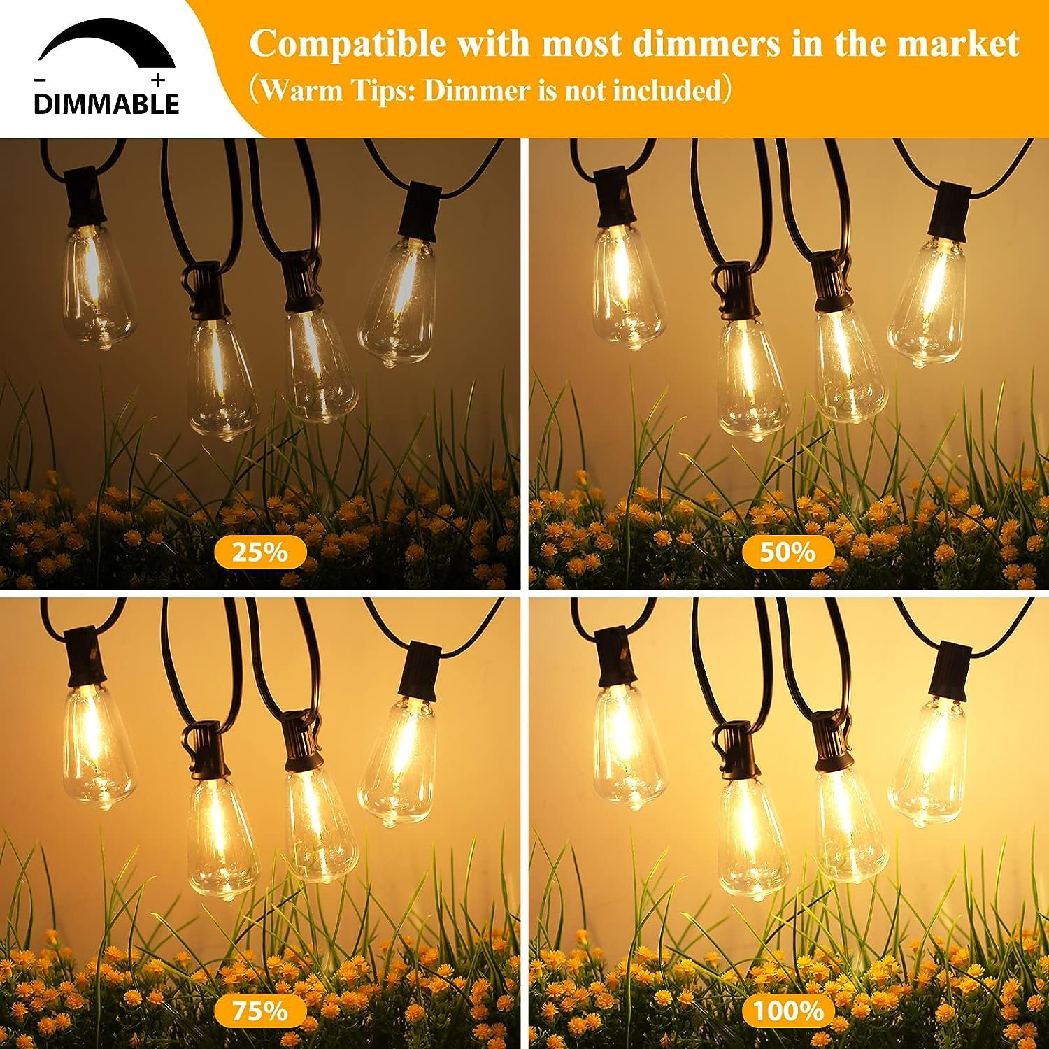Brightever LED Outdoor String Lights 100FT Patio Lights with 52 Shatterproof ST38 Vintage Edison Bulbs, Outside Hanging Lights Waterproof for Porch, Deck, Garden, Backyard, Balcony, 2700K Dimmable - Image 5