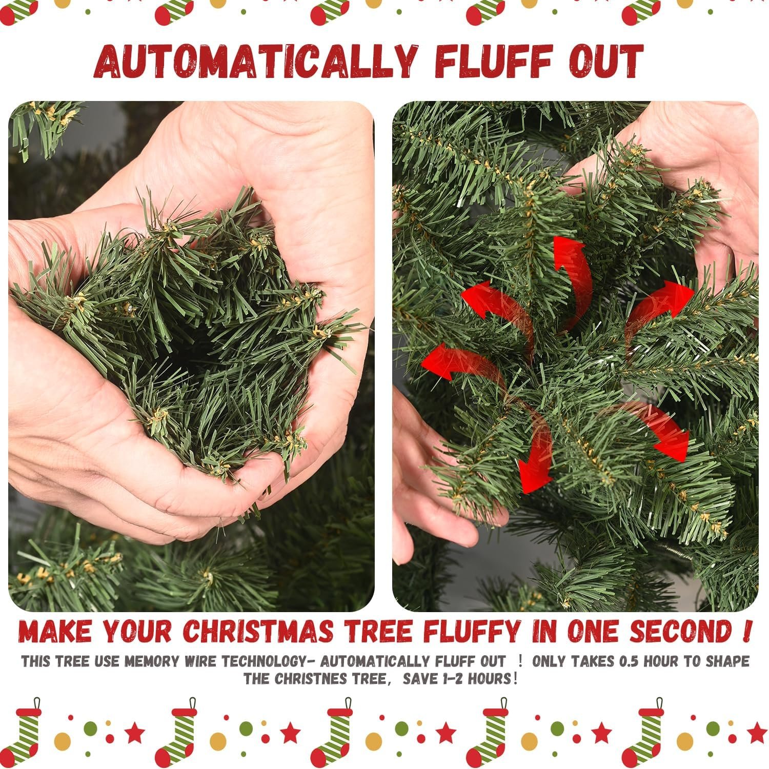 8FT Prelit Christmas Tree, Premium Artificial Christmas Tree with 500 Lights and 1460 Branch Tips, Memory Wire Pre Lit Hinged Xmas Tree with Metal Base for Holiday, Party, Home Decoration - Image 5