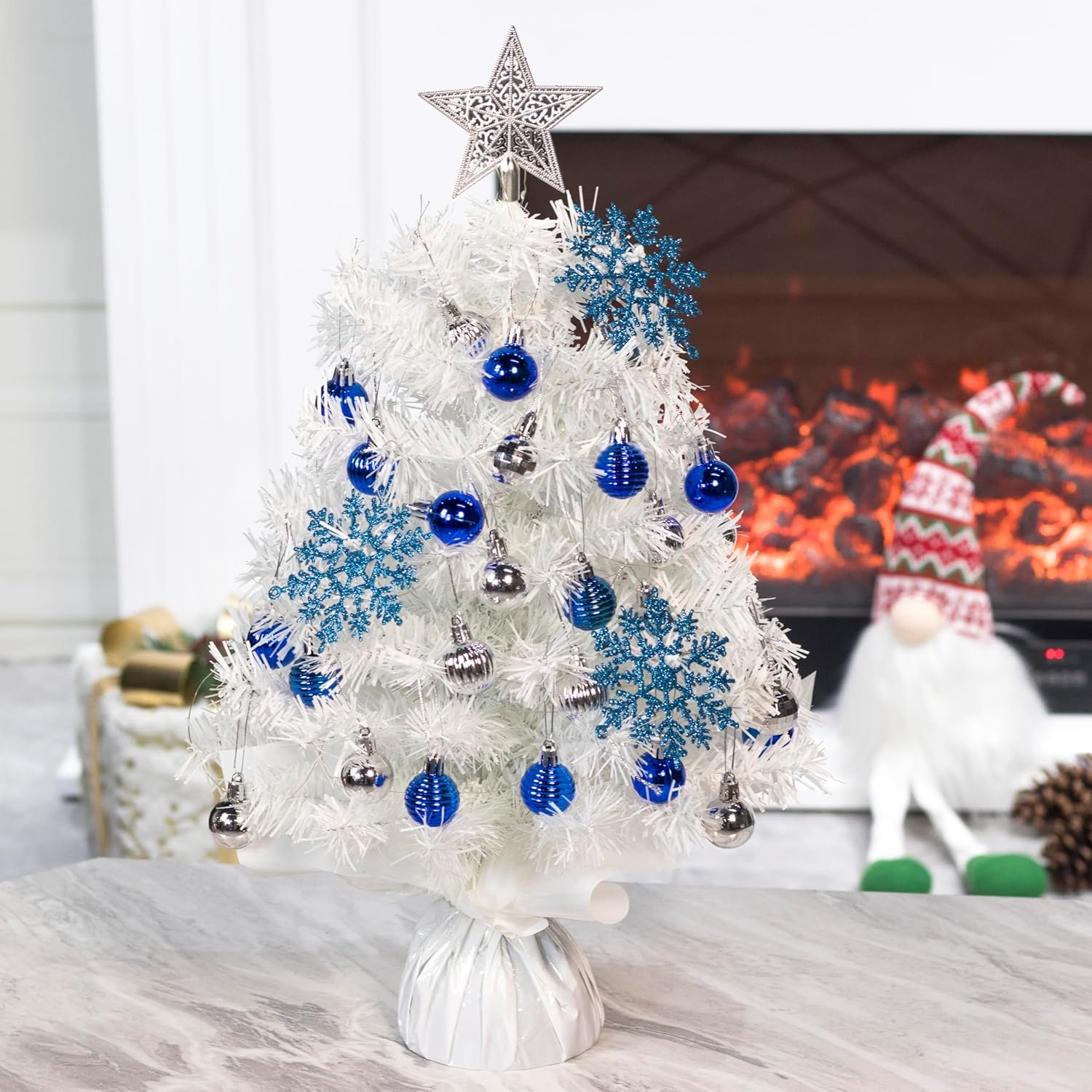 23 Inch Mini Christmas Tree Artificial Tabletop Christmas Tree with LED Lights and Ornaments for DIY Christmas Decoration,White - Image 2
