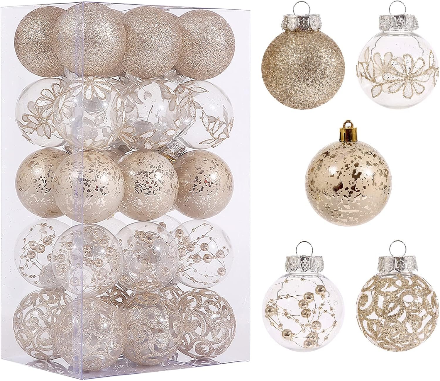 60mm/2.36inch Clear Christmas Ornaments Set, 30ct Champagne Christmas Ornaments Balls for Christmas Tree Decorations Shatterproof Transparent Baubles with Stuffed Decoration for Xmas Wedding Party - Image 2
