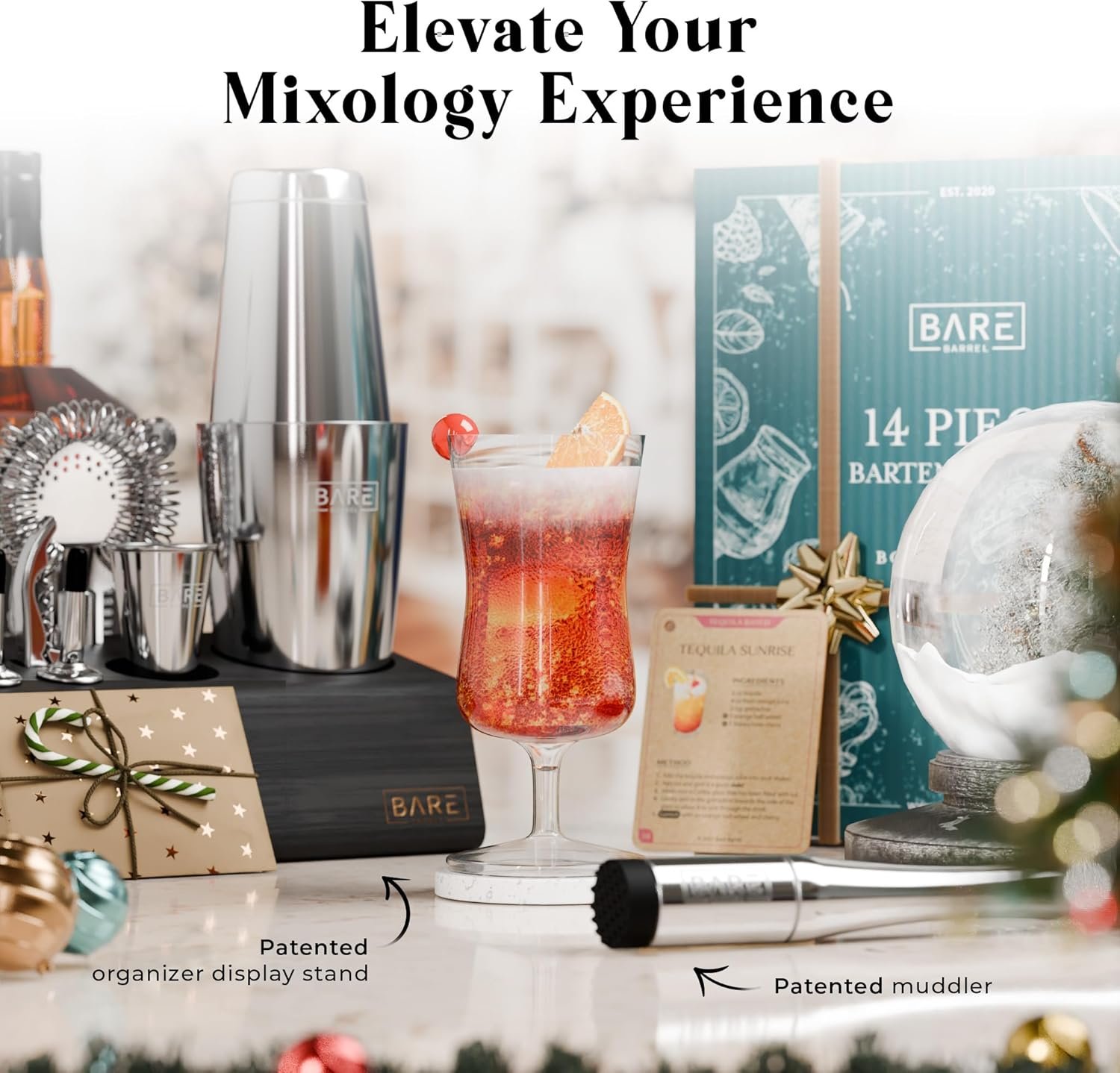 BARE BARREL® Mixology Bartender Kit Bar Set | 14-Piece Cocktail Shaker Set | Martini Barware Mixing Tools for Home Bartending | Incl. 35 Recipe Cards | Gift Set (28oz Boston Shaker, Silver/Black) - Image 9