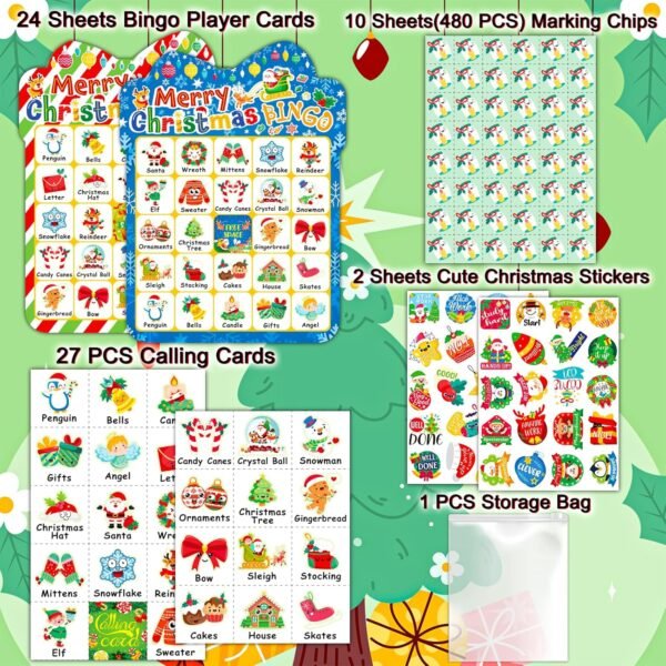 Christmas Bingo Game for Kids 24 Players, Christmas Bingo Cards Christmas Party Games for Family School Classroom Winter Party Supplies Favors Gifts - Image 3