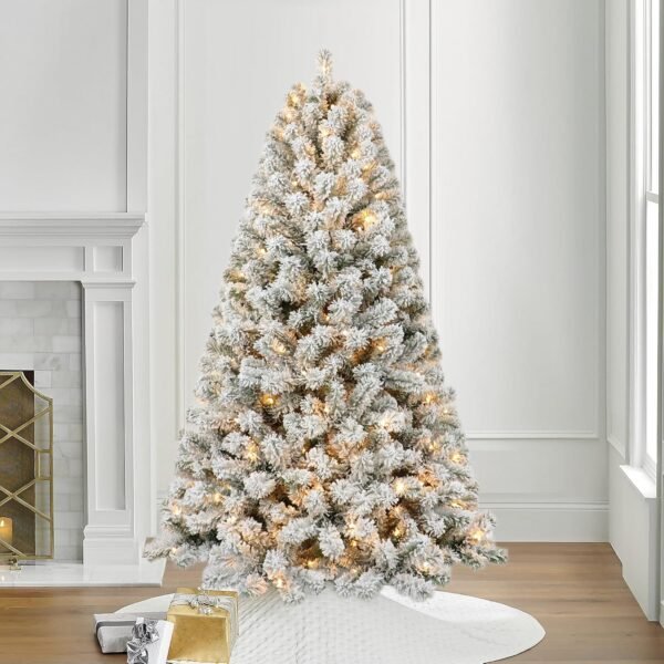 6ft Pre-lit Flocked Elwood Pine Christmas Tree with 717 Branch Tips, 300 Radiant Warm White LED Lights - Captivating Realism and Enchanting Holiday Aura - Image 2