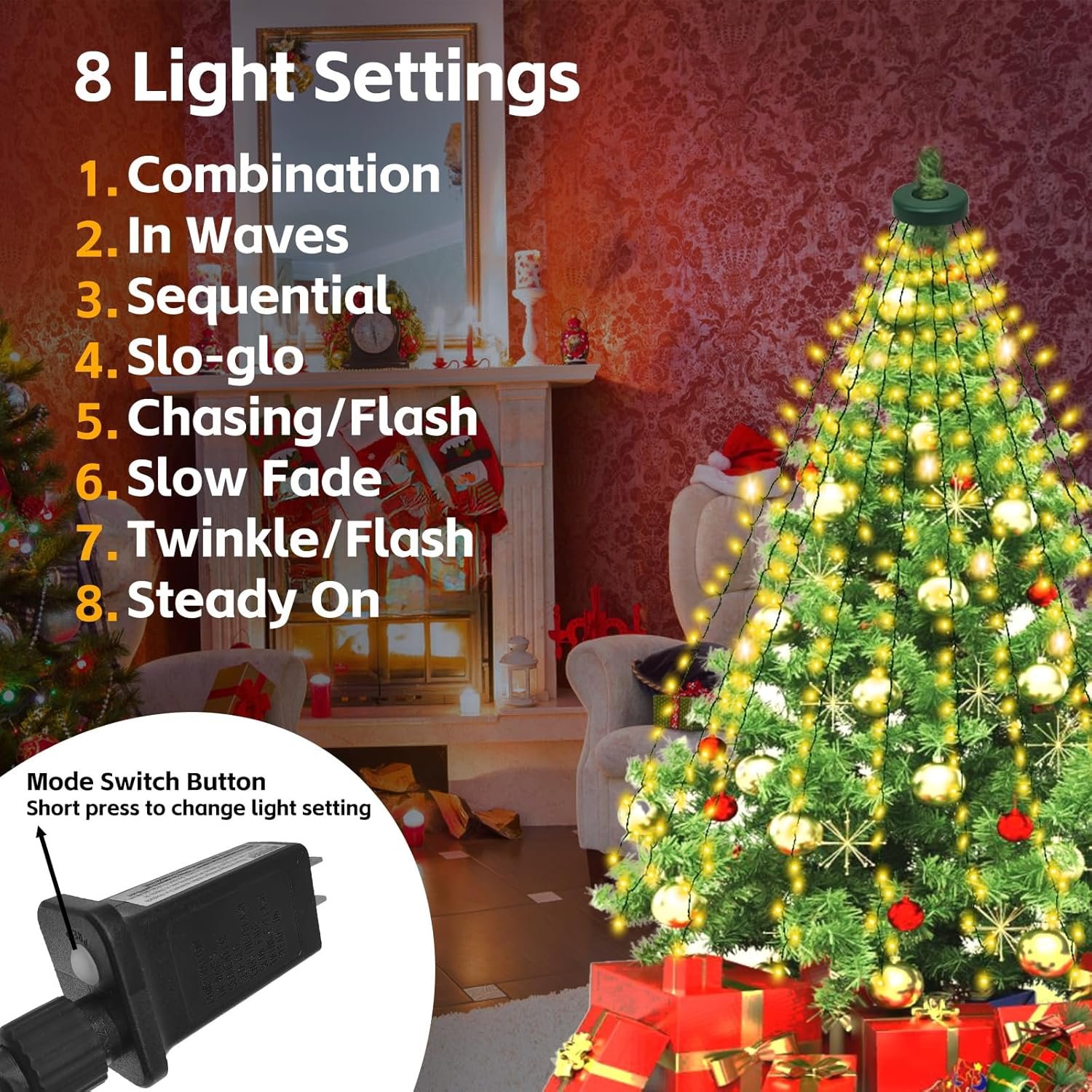 Upgraded Christmas Lights for Tree Indoor, 416 LEDs Christmas String Lights with 8 Modes, Timer & Memory Function, 16 Strands of 6.9FT LED String Lights, Waterproof Outdoor Tree Decoration Warm White - Image 4