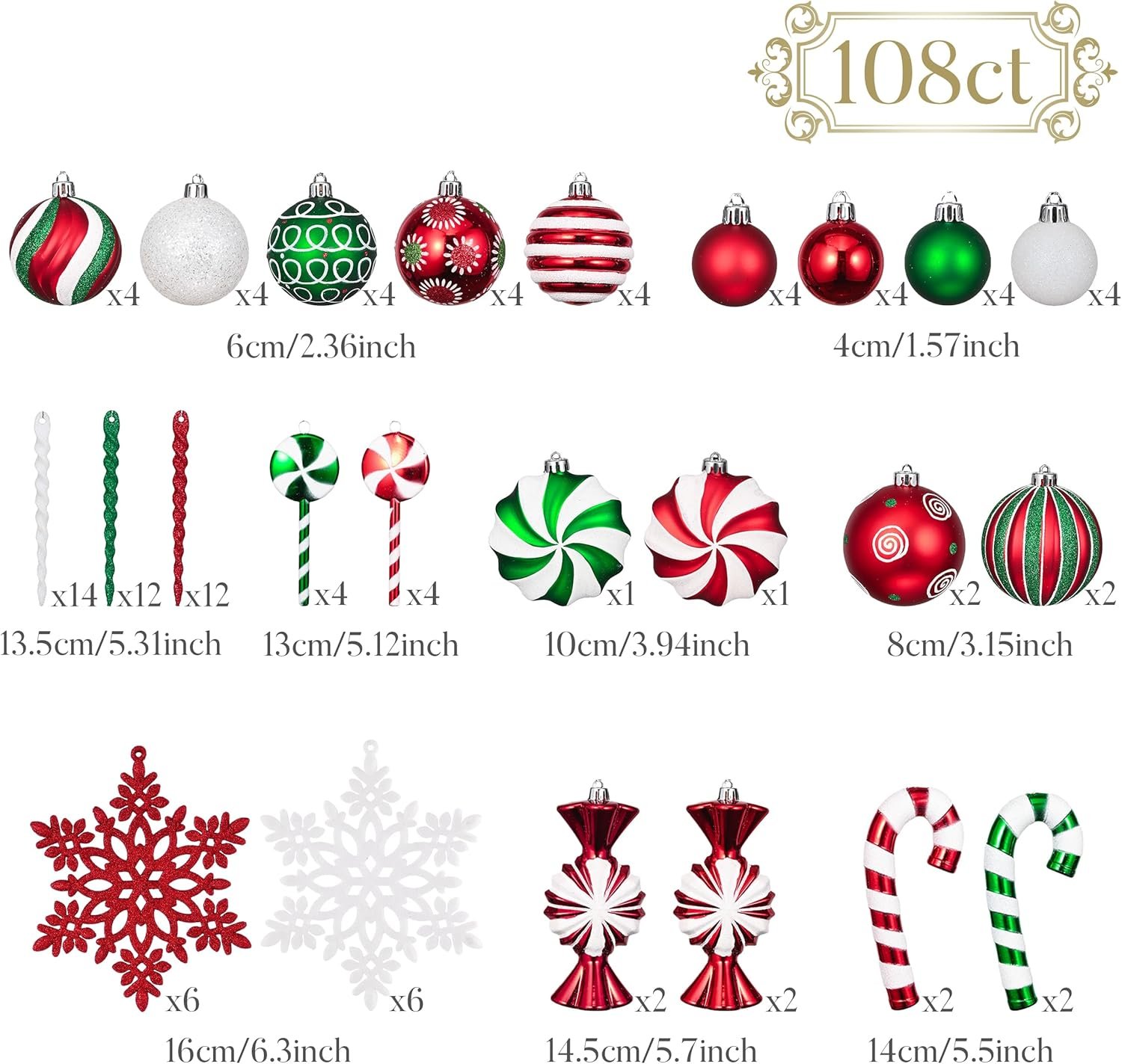 Valery Madelyn Christmas Ornaments Set, 108ct Candy Cane Red Green White Shatterproof Christmas Tree Decorations Ball Ornaments Bulk, Decorative Hanging Ornaments for Xmas Trees Holiday Party Decor - Image 4
