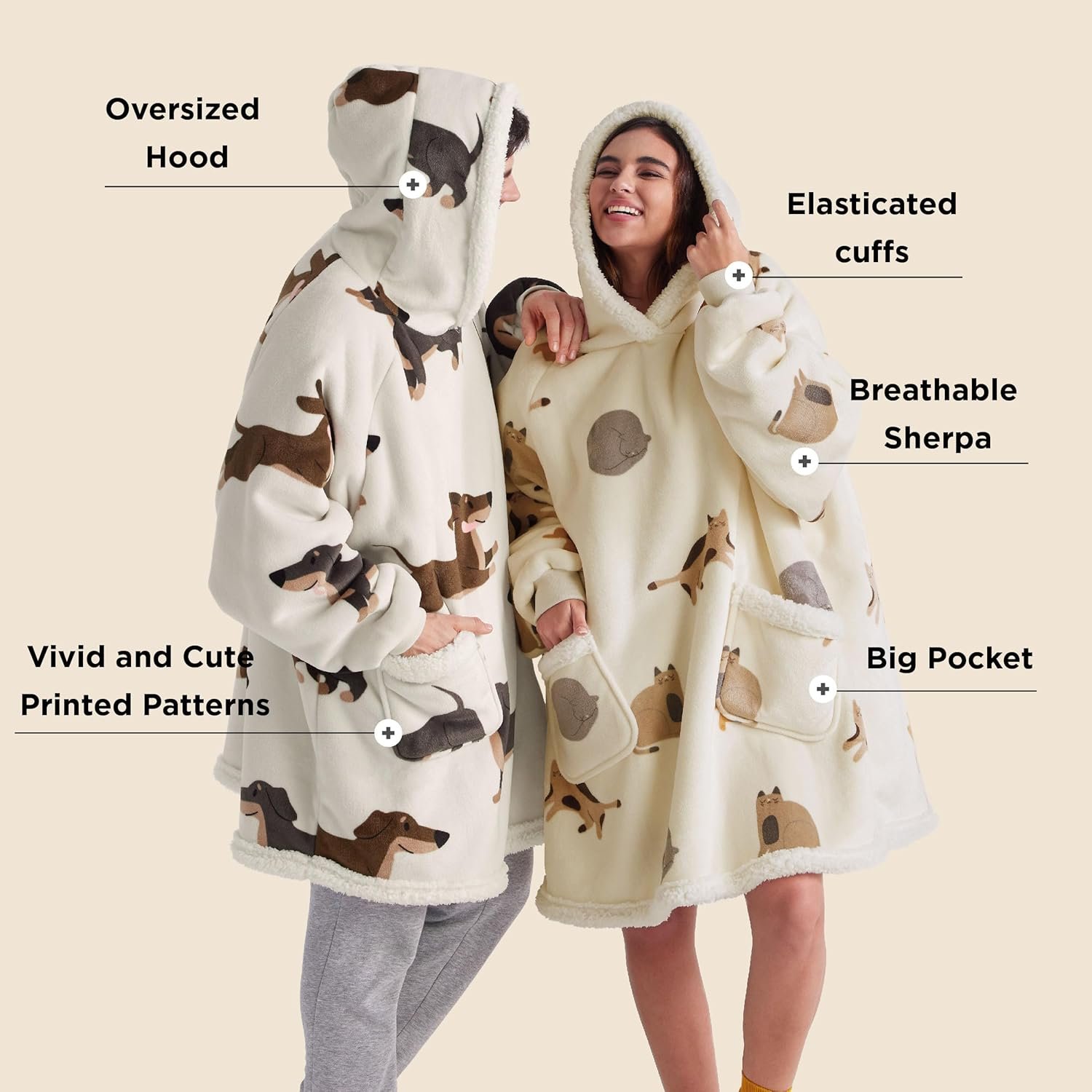 Bedsure Wearable Blanket Hoodie, Blanket Hoodies for Women Sherpa Hoodie as Gifts for Her Mom Girlfriend Kids, Hooded Blanket, Standard, Cat, Light Beige - Image 3