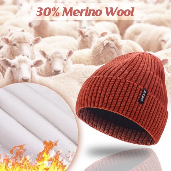 Beanie Hats for Men 30% Merino Wool Knit Hat, Winter Hats for Women Thick Warm Lined, Beanie for Women Cold Weather Skull Cap - Image 5