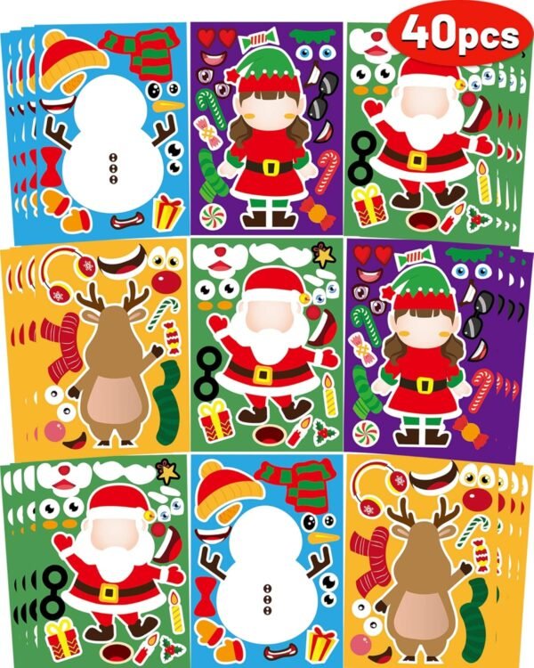 40 Sheets Christmas Stickers for Kids, Craft DIY Christmas Santa Snowman Reindeer Elf Face Stickers, Make Your Own Christmas Stickers for Kids Boys Girls Holiday Christmas Party Favors Games Stickers - Image 2