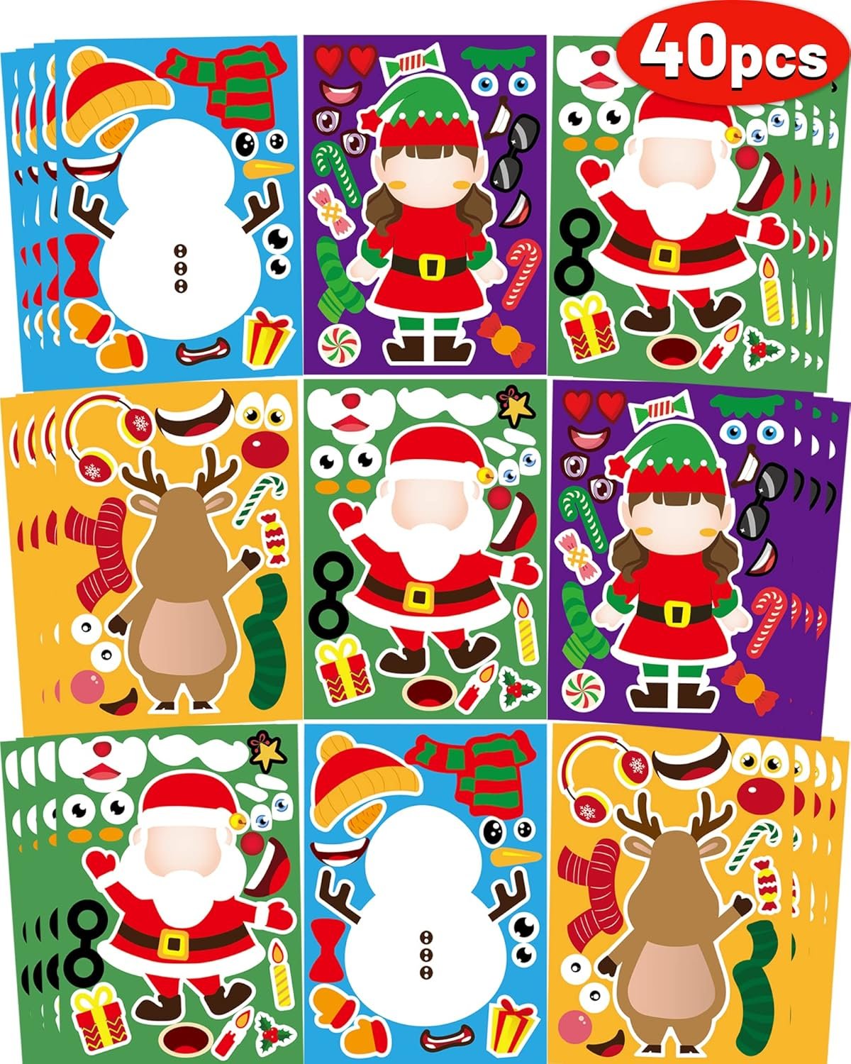 40 Sheets Christmas Stickers for Kids, Craft DIY Christmas Santa Snowman Reindeer Elf Face Stickers, Make Your Own Christmas Stickers for Kids Boys Girls Holiday Christmas Party Favors Games Stickers - Image 2