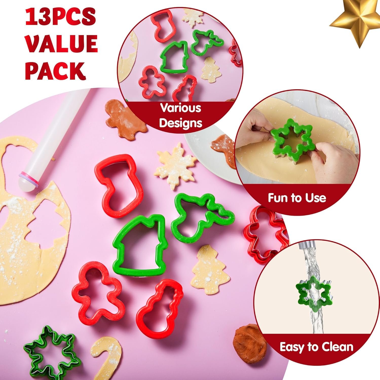 JOYIN 13 Pcs Christmas Cookie Cutters in Stainless Steel with 3.5í plus Grip and a Rolling Pin for Xmas Holiday Cookies Baking, Snowflake Cookies, Gingerbread Cookies, Party and Baking Gift - Image 4