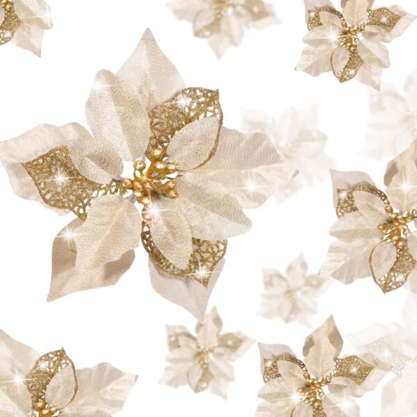 Boao 24 Pieces Christmas Artificial Glitter Poinsettia Flowers Xmas Flowers Wedding Christmas Tree New Year Ornaments(Gold) - Image 2