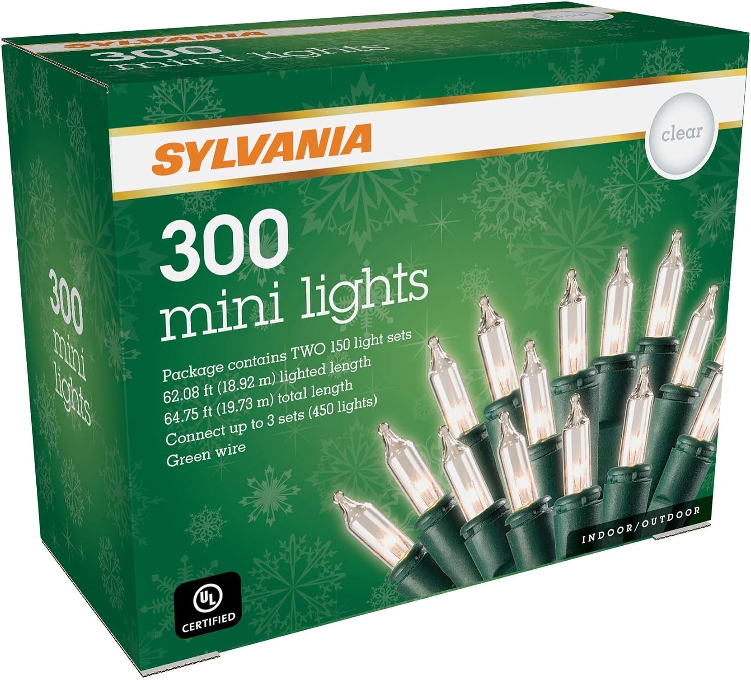 SYLVANIA Christmas Lights, Clear, 300 (2x150) Light Set, Green Wire. 64.75' Total Length, For Indoor and Outdoor use (V48150-34) - Image 2
