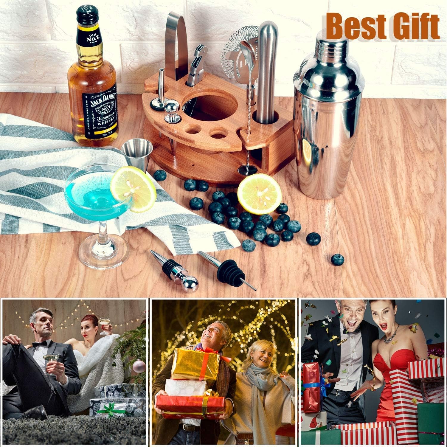 Bartender Kit with Stylish Bamboo Stand, 12 Piece 25oz Cocktail Shaker Set for Mixed Drink, Professional Stainless Steel Bar Tool Set, Gift for Man Dad- Cocktail Recipes Booklet (Silver) - Image 8