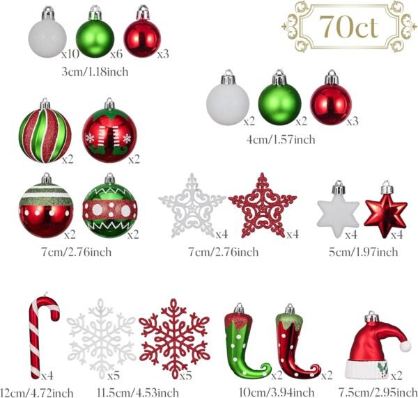 Valery Madelyn Christmas Ornaments Set, 70ct Elf Red Green White Shatterproof Christmas Tree Decorations Ball Ornaments Bulk, Variety Decorative Hanging Ornaments for Xmas Trees Holiday Party Decor - Image 4
