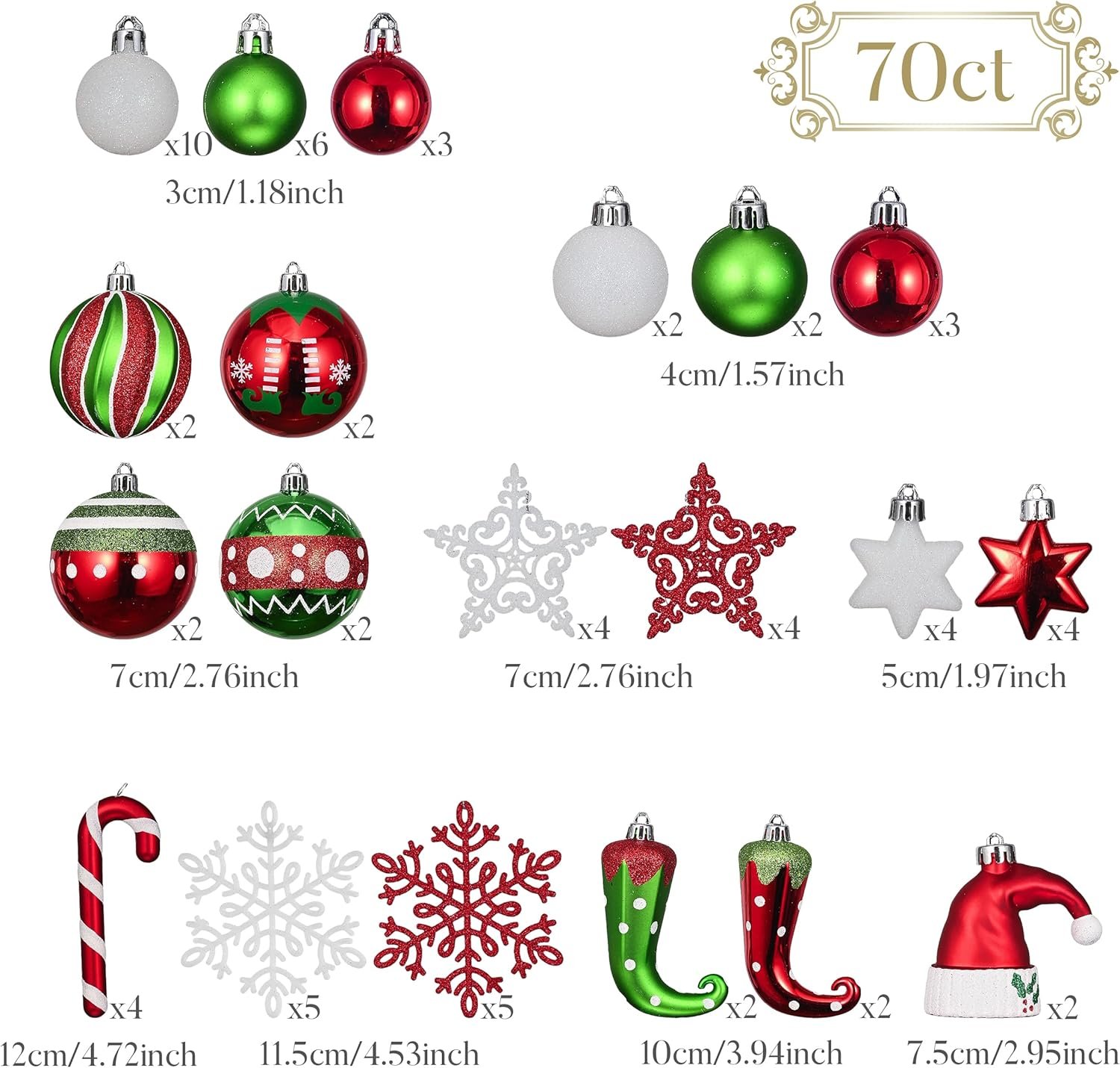 Valery Madelyn Christmas Ornaments Set, 70ct Elf Red Green White Shatterproof Christmas Tree Decorations Ball Ornaments Bulk, Variety Decorative Hanging Ornaments for Xmas Trees Holiday Party Decor - Image 4