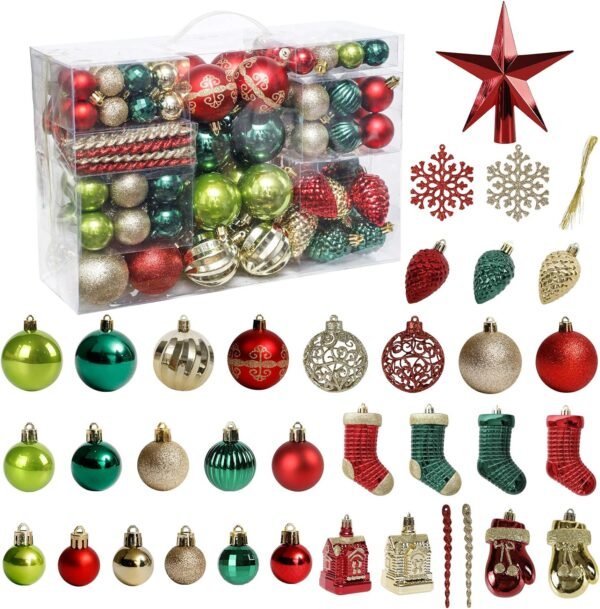 Christmas Tree Ornament, 132pcs Christmas Tree Decoration Set Red Green Gold Christmas Ball Shatterproof Hanging Tree Ornament Assortment Set - Image 2
