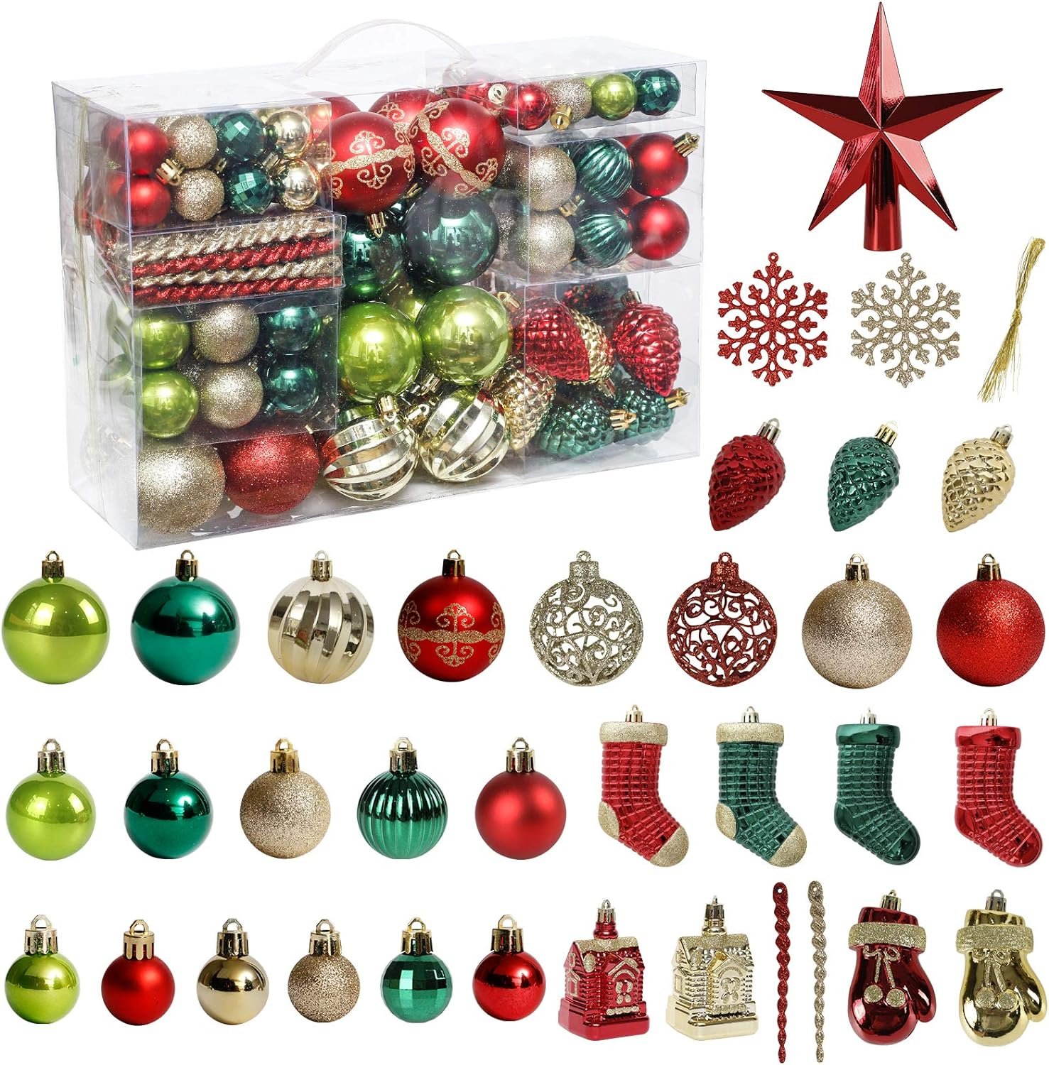 Christmas Tree Ornament, 132pcs Christmas Tree Decoration Set Red Green Gold Christmas Ball Shatterproof Hanging Tree Ornament Assortment Set - Image 2