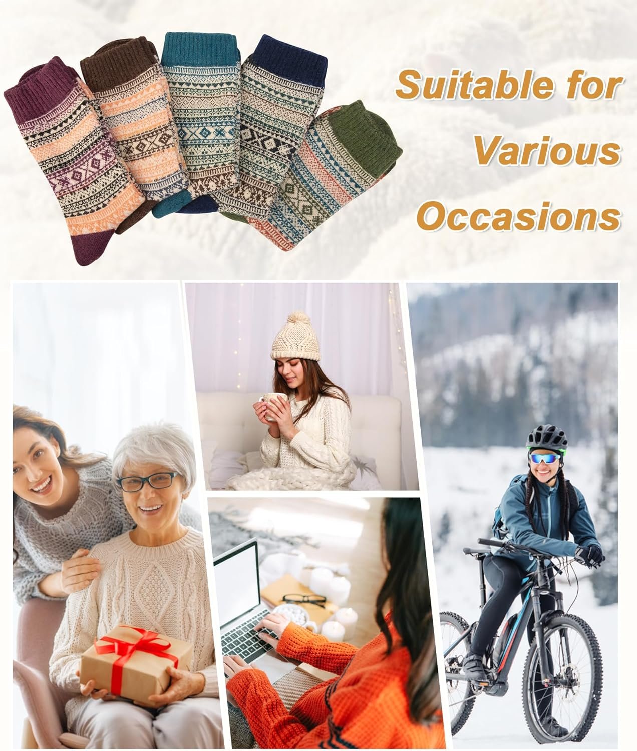 5 Pack Womens Wool Socks Winter Warm Socks Thick Knit Cabin Cozy Crew Soft Socks Hiking Athletic Socks Gifts for Women - Image 7