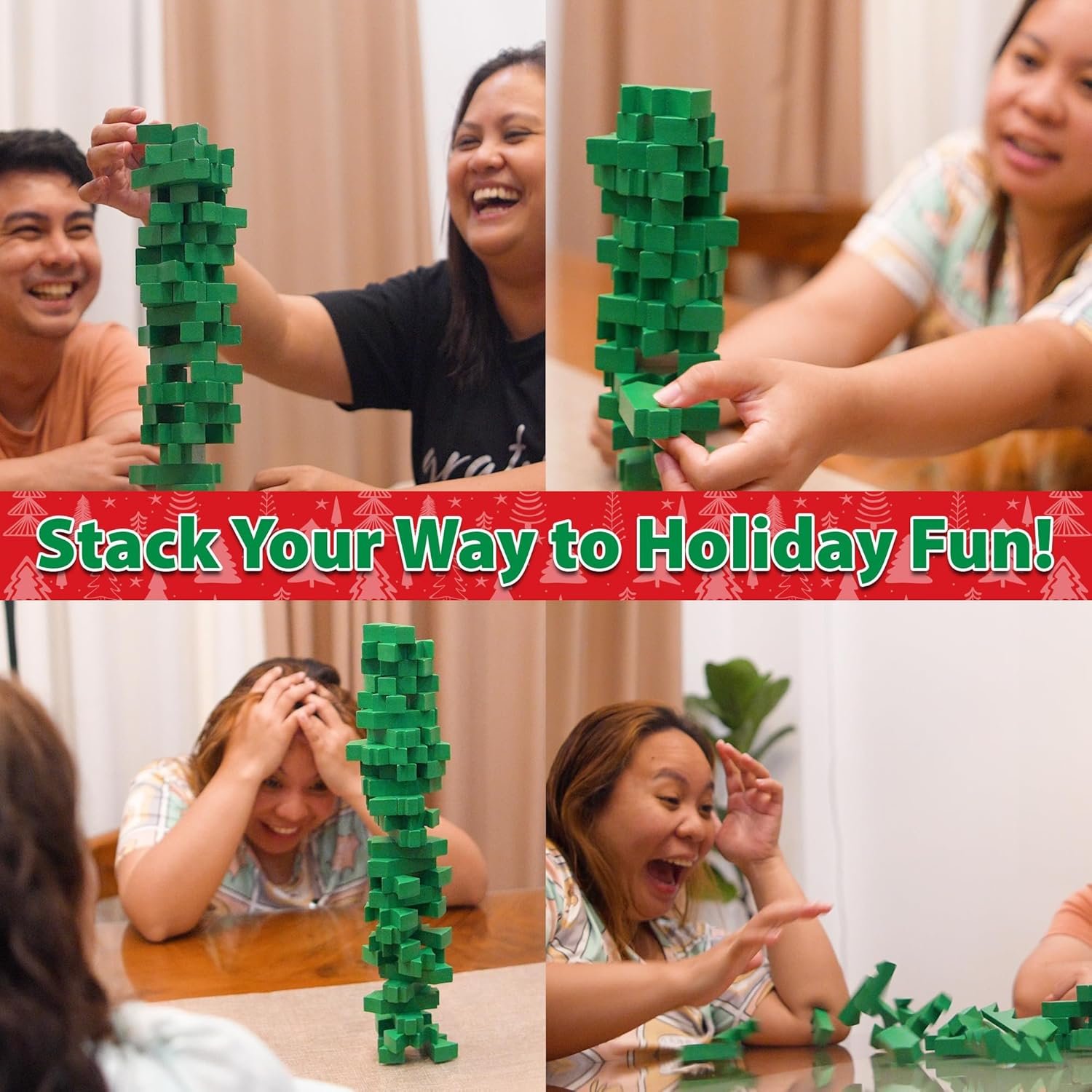 Funwares Wooden Blocks Stacking Game, Tumbling Tower and Balance Game, Family & Party Fun, Game for Kids and Adults, Ages 6+, Santa’s Christmas Tree Stack-Up, Christmas Tree Wood Blocks Stacking Game - Image 4