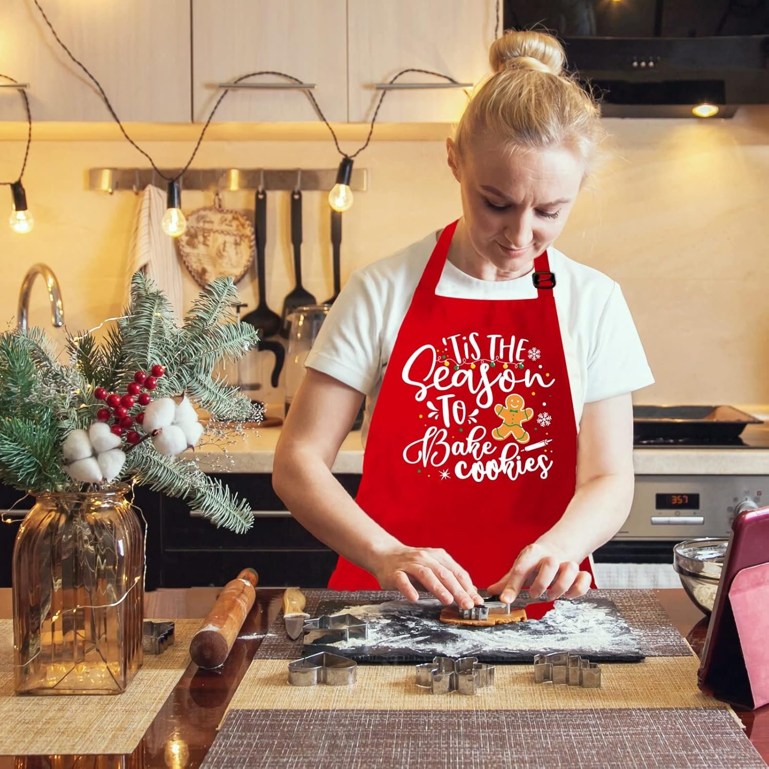 Funny Christmas Baking Apron for Women Men Adjustable Kitchen Cooking Aprons with 2 Pockets - Cute Christmas Aprons Gift for Bakers Mom Wife Husband Sister - Tis The Season to Bake Cookies - Image 7