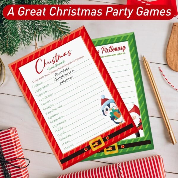 30 Players Christmas Party Games for Adults Family Office Large Groups, Xmas Parties Songs Pictionary Game, Guesstures Game, Word Scramble Game with Answer Key (Santa & Penguin) - Image 5