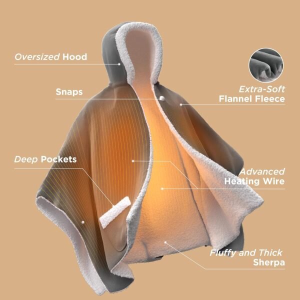 Bedsure Heated Blanket Wearable Shawl - Electric Wrap Poncho Blanket Hoodie for Adult, Winter Gifts for Mom Women Girlfriend Grandma, Warm Sherpa Heating Throw, Auto Shut Off, 50x64 inches, Grey - Image 5