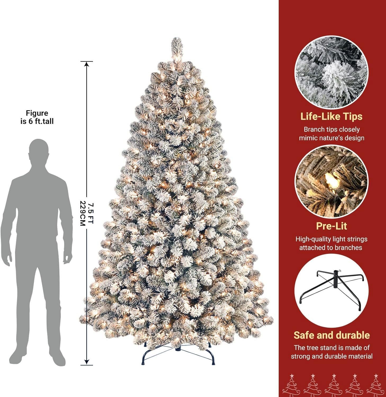 SHareconn 7.5ft Prelit Snow Flocked Artificial Holiday Christmas Tree with 350 Warm White Lights, Foldable Stand, Full Snow Branch Tips for Home, Office, Party Decoration, 7.5 FT, White - Image 3