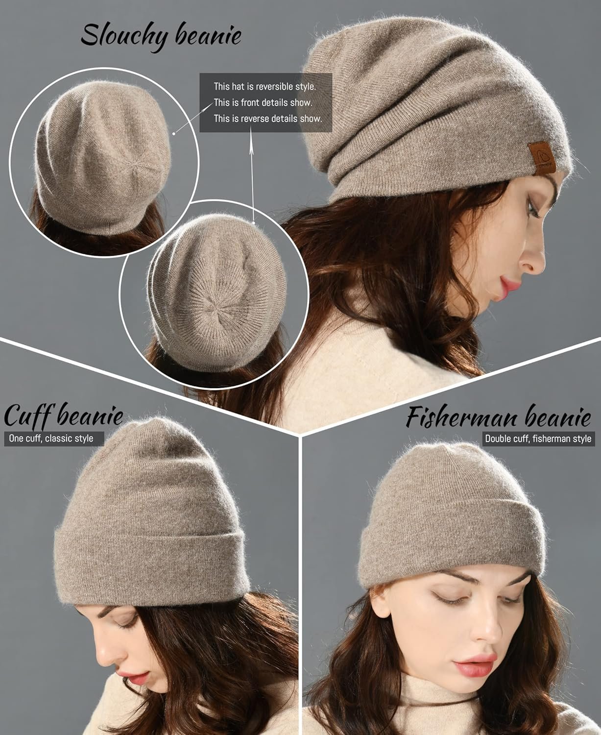 jaxmonoy Wool Cashmere Slouchy Knit Beanies Winter Hats for Women Soft Warm Double Layer Reversible Slouch Skull Beanie Cap - Image 6