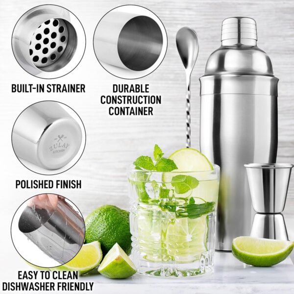 Zulay Kitchen Large 24 oz Stainless Steel Cocktail Shaker Set - Mixed Drink Shaker - Martini Shaker Set with Built in Strainer, Double Sided Jigger & Combo Muddler Mixing Spoon - Pro Margarita Shaker - Image 4