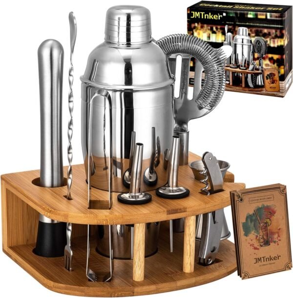 Cocktail Shaker Set with Stand | Perfect Bartender Kit for Home and Bar-Bar Tools Set: 24oz Martini Shaker, Muddler, Jigger, Strainer, Mixer Spoon, Tongs, Corkscrew, 2 Liquor Pourers, Recipes Cards - Image 2