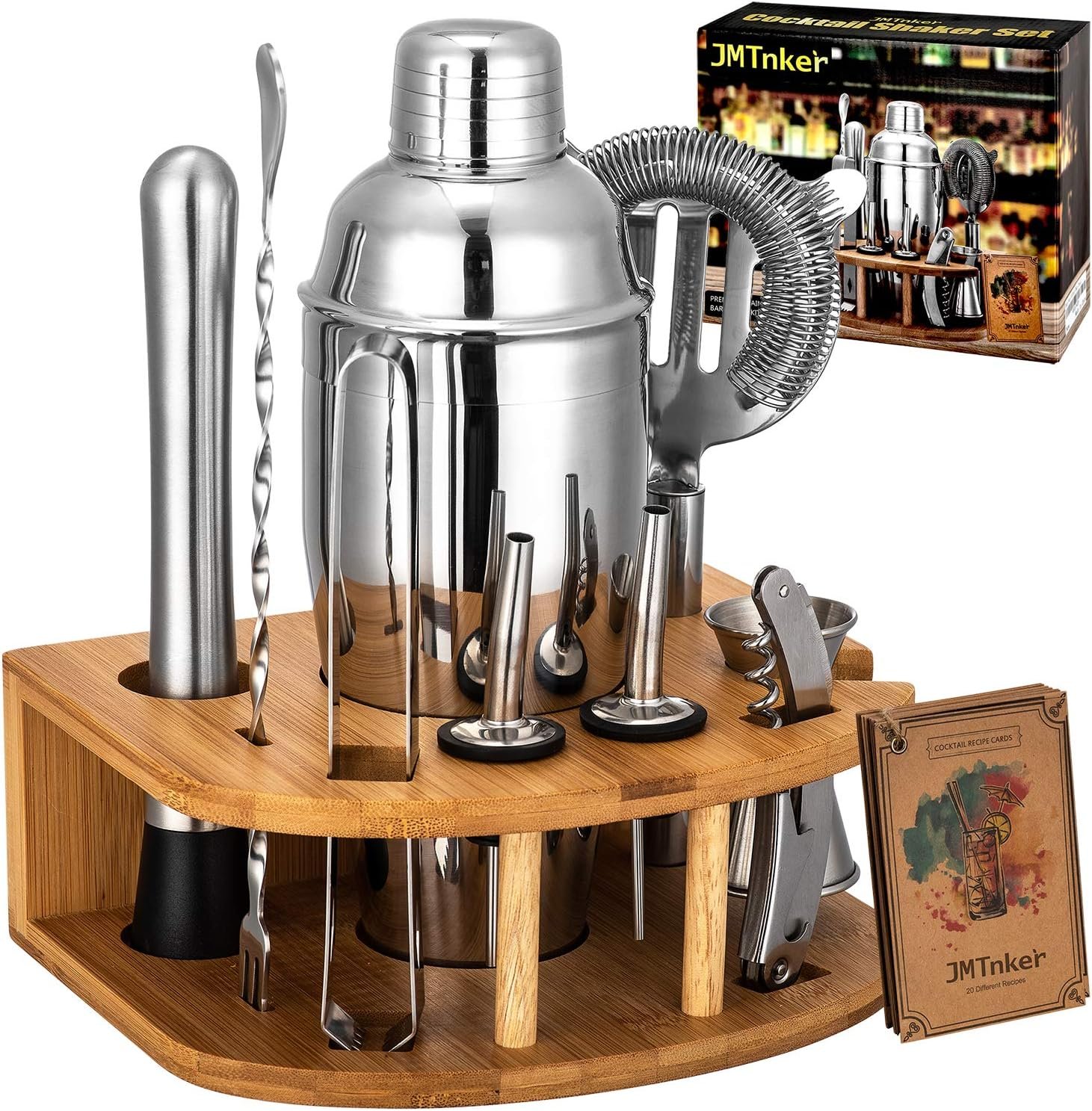 Cocktail Shaker Set with Stand | Perfect Bartender Kit for Home and Bar-Bar Tools Set: 24oz Martini Shaker, Muddler, Jigger, Strainer, Mixer Spoon, Tongs, Corkscrew, 2 Liquor Pourers, Recipes Cards - Image 2