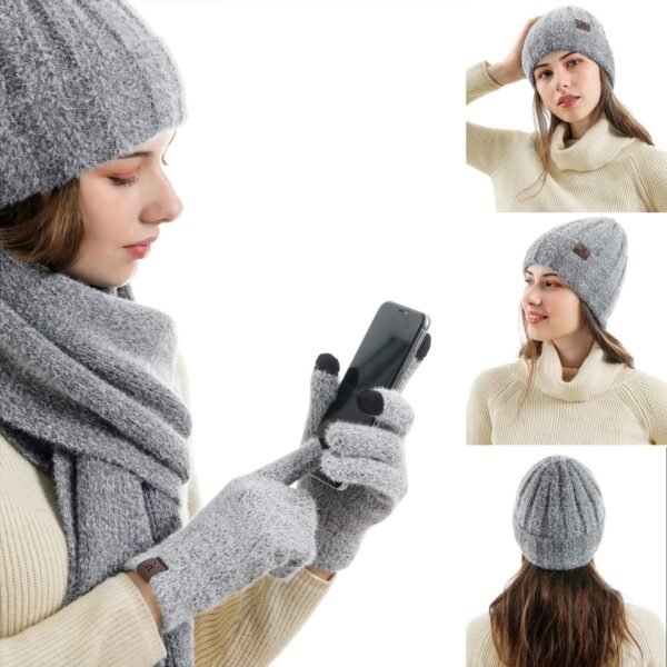 Womens Winter Warm Knit Beanie Hat Touchscreen Gloves Long Neck Scarf Set with Fleece Lined Skull Caps Gifts for Women - Image 7